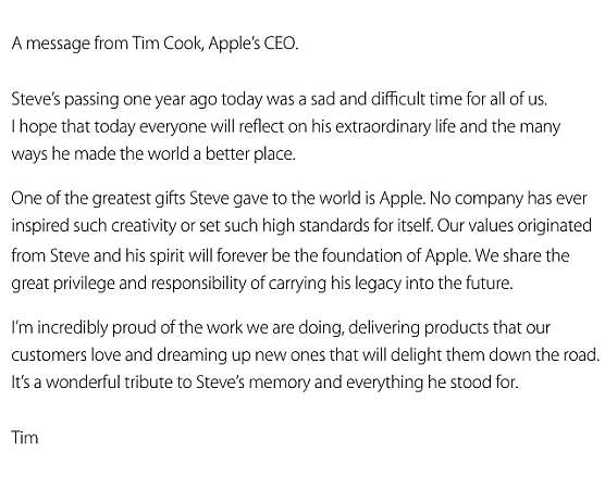 Tim Cook Apple Steve Jobs ölümünün ilk yılı mesajı