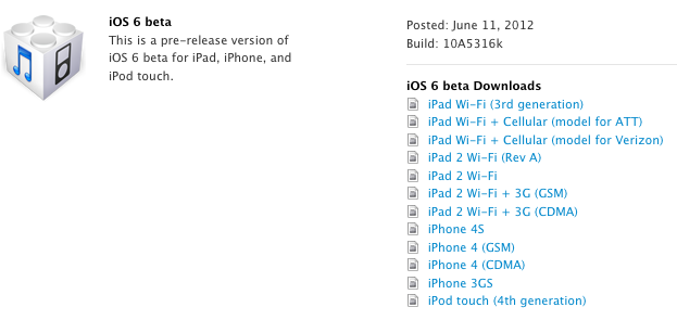 iOS 6 Beta Build 10A5316k