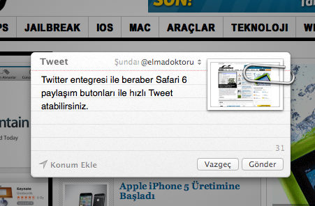 Safari 6 - Twitter Paylaşım
