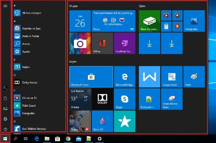windows 10 başlat ekranı